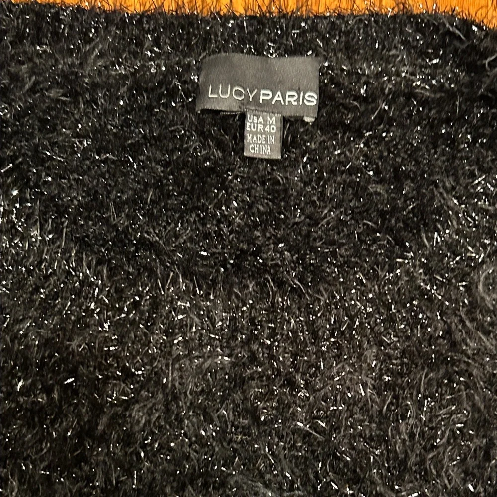 NWOT Lucy Paris Lola Black Sparkly Fuzzy Balloon Sleeve Cropped Sweater. Size M